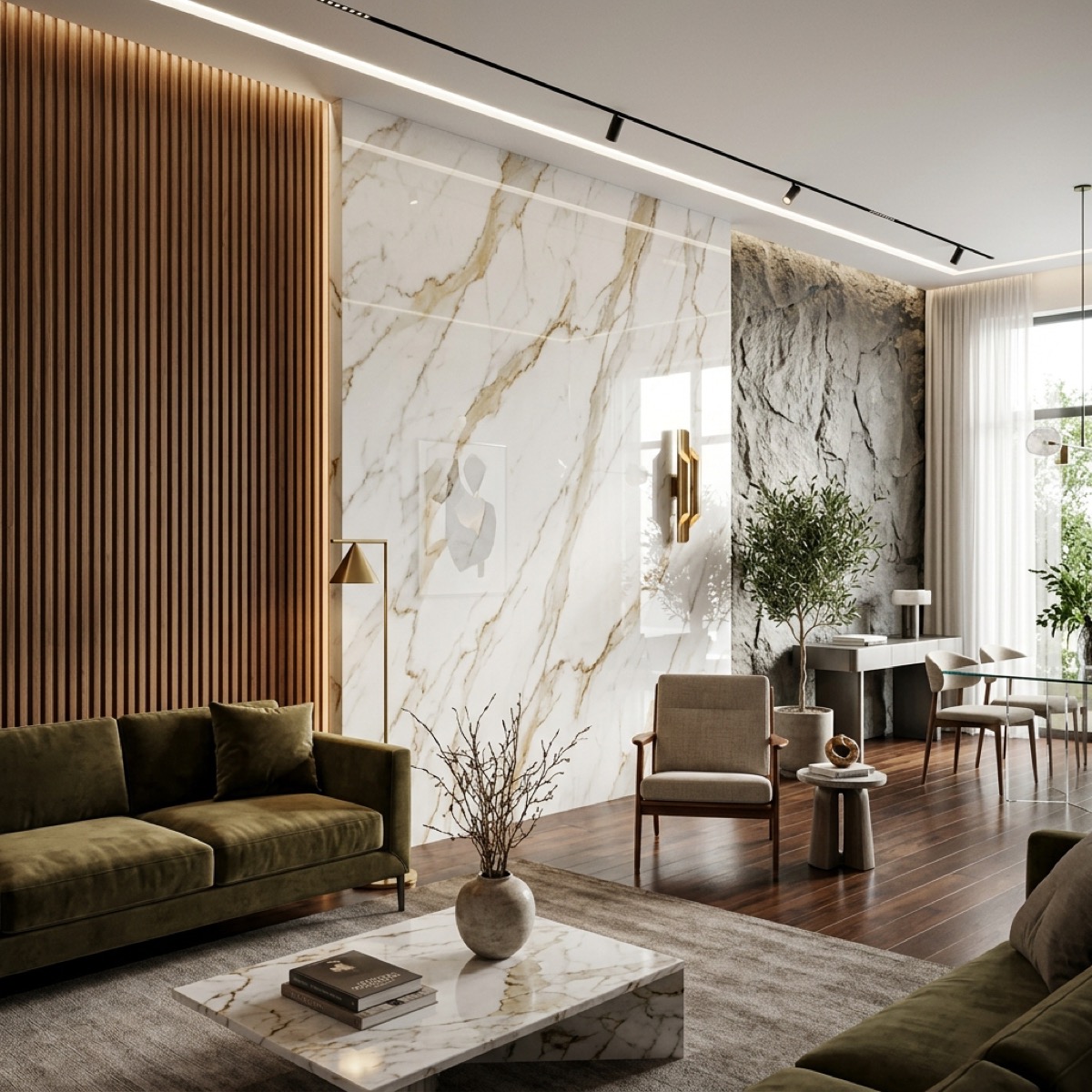 Collage of 2026 accent wall trends including WPC wood, UV marble, and textured stone panels