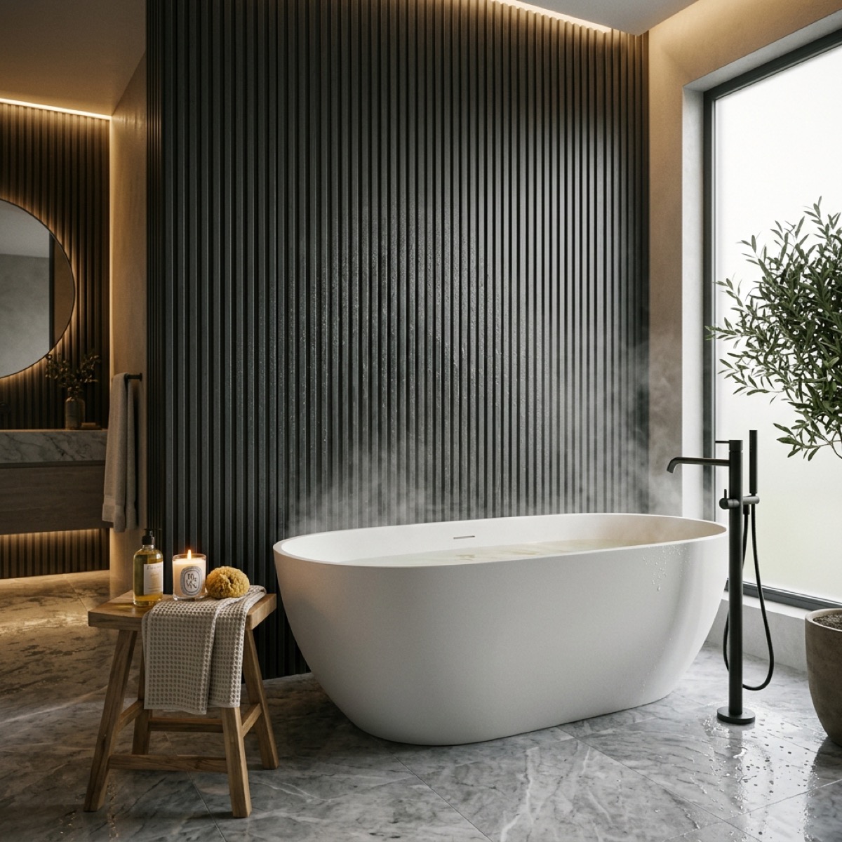 Luxurious master bathroom with waterproof WPC fluted wall panels behind a bathtub