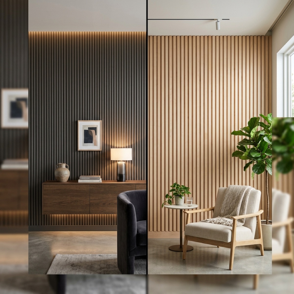 Side by side comparison of WPC fluted wall panels and solid wood slat walls