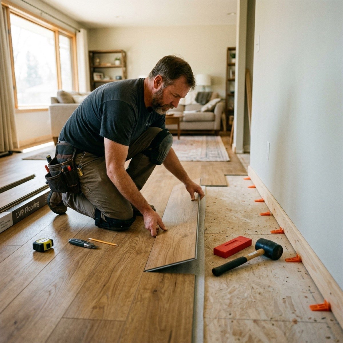 Contractor installing snap and click flooring