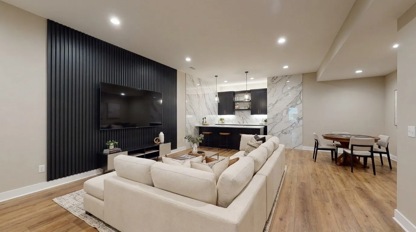 Finished basement rec room with luxury vinyl plank flooring, sectional sofa, and wall-mounted TV