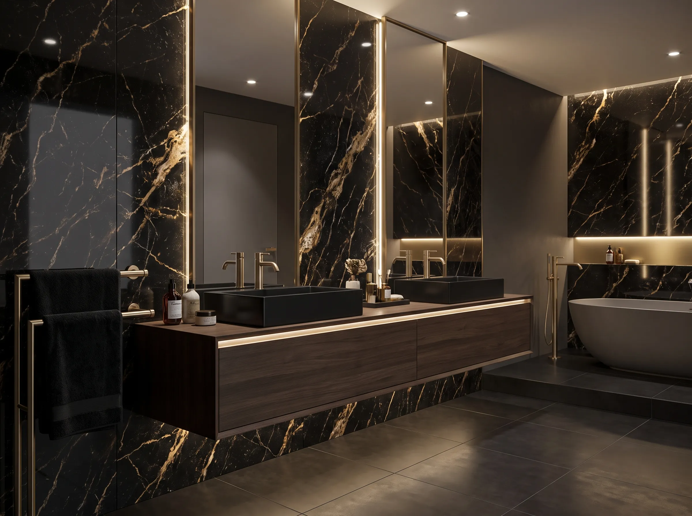 Luxury bathroom with black and gold marble-effect UV panel vanity surround