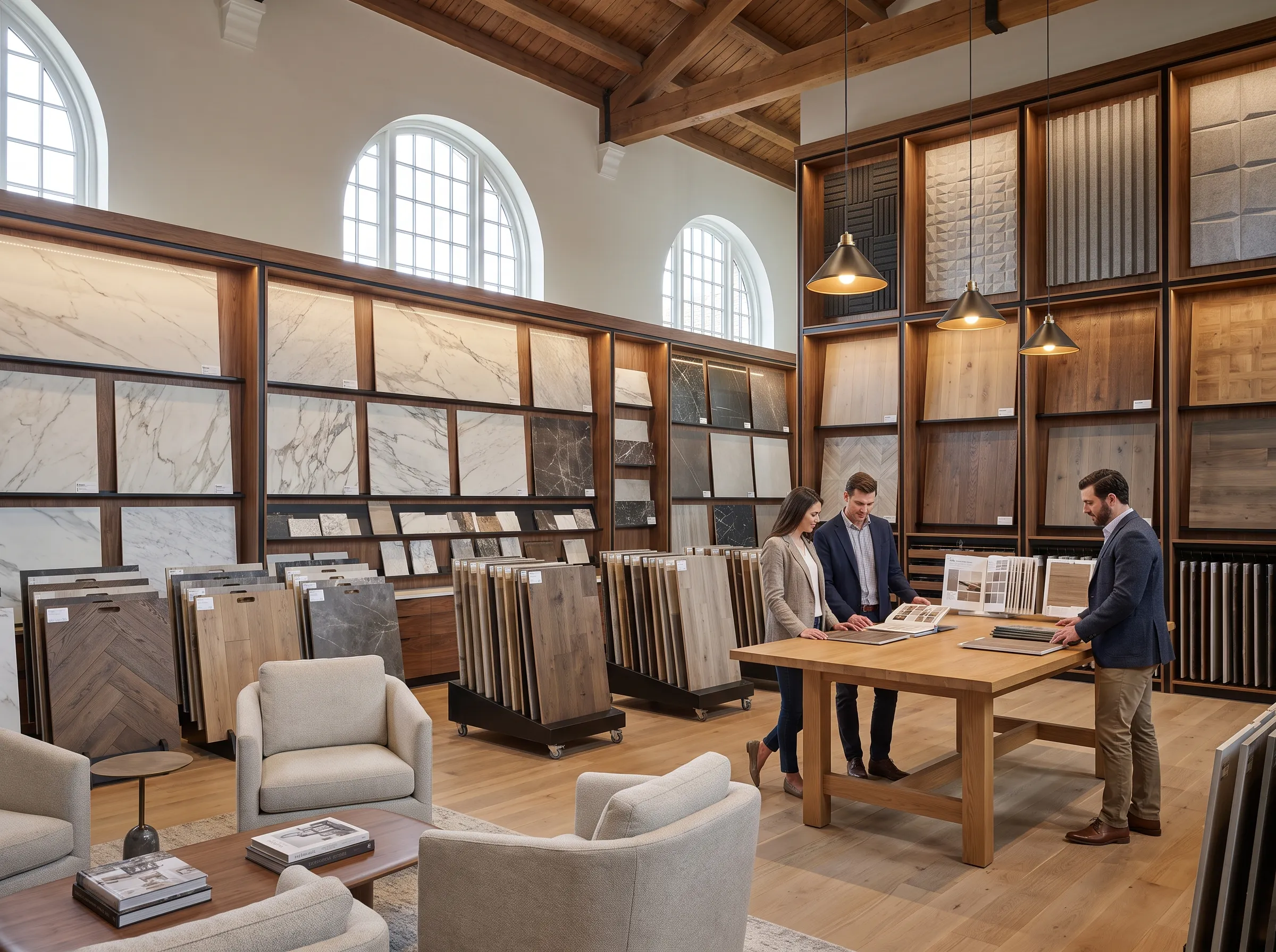 Grand 44 Home Designs showroom with wall panel and flooring displays