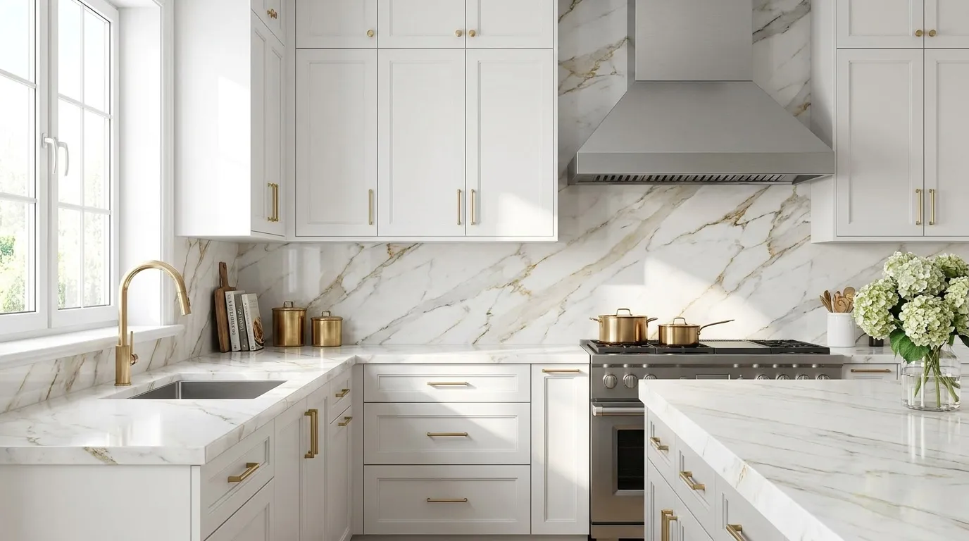 Calacatta gold UV marble kitchen backsplash with brass hardware