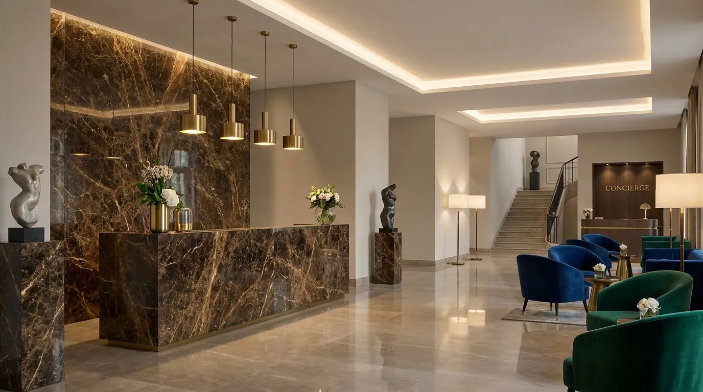 UV marble commercial reception with rich brown Emperador marble and gold veining