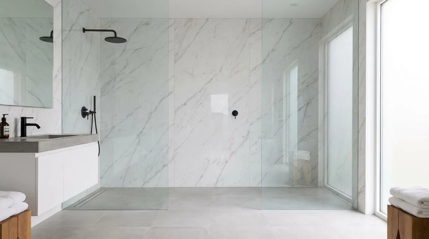 UV marble shower wall surround with white Carrara marble pattern